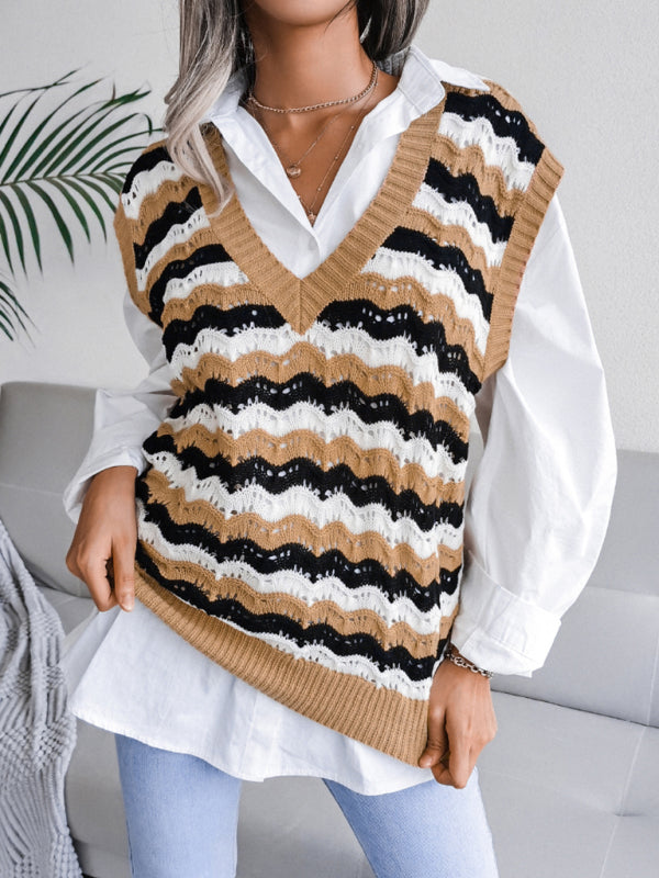Stripe Knit V Neck Ves - Knitwear Sweater Sweater Vests - Chuzko Women Clothing