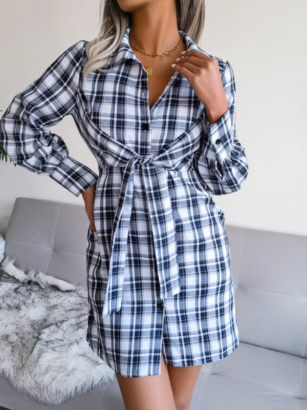 Women's Plaid Tie Front Shirt Dress, Versatile Style for Any Occasion! Shirt Dresses - Chuzko Women Clothing