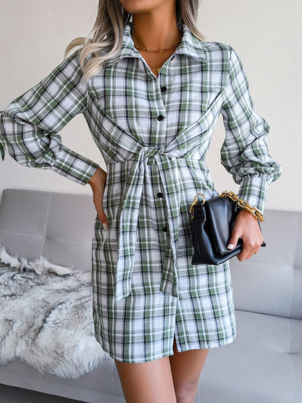 Women's Plaid Tie Front Shirt Dress, Versatile Style for Any Occasion! Shirt Dresses - Chuzko Women Clothing