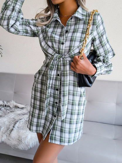 Women's Plaid Tie Front Shirt Dress, Versatile Style for Any Occasion! Shirt Dresses - Chuzko Women Clothing