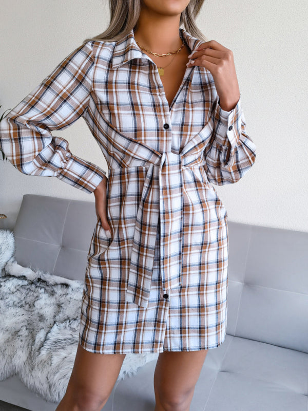 Women's Plaid Tie Front Shirt Dress, Versatile Style for Any Occasion! Shirt Dresses - Chuzko Women Clothing