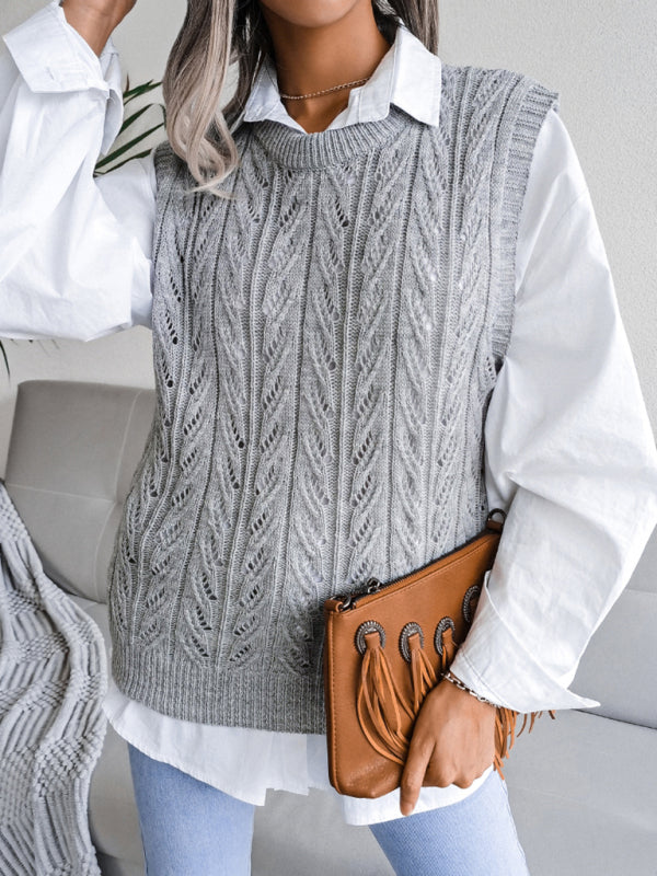 Cable Knit Round Neck Sweater Vest Sweater Vests - Chuzko Women Clothing