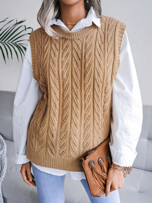 Cable Knit Round Neck Sweater Vest Sweater Vests - Chuzko Women Clothing