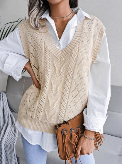 Cable Knit V Neck Sweater - Knitwear Vest Sweater Vests - Chuzko Women Clothing