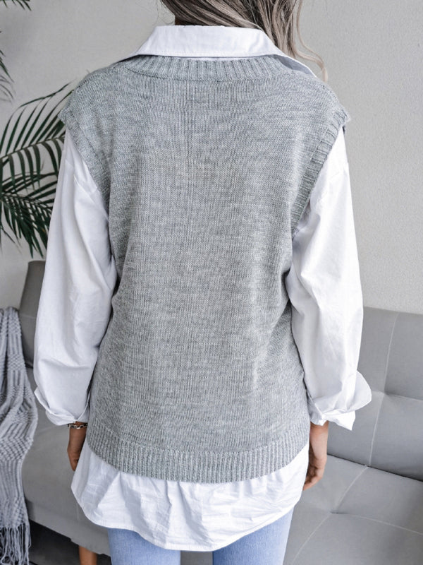Cable Knit V Neck Sweater - Knitwear Vest Sweater Vests - Chuzko Women Clothing