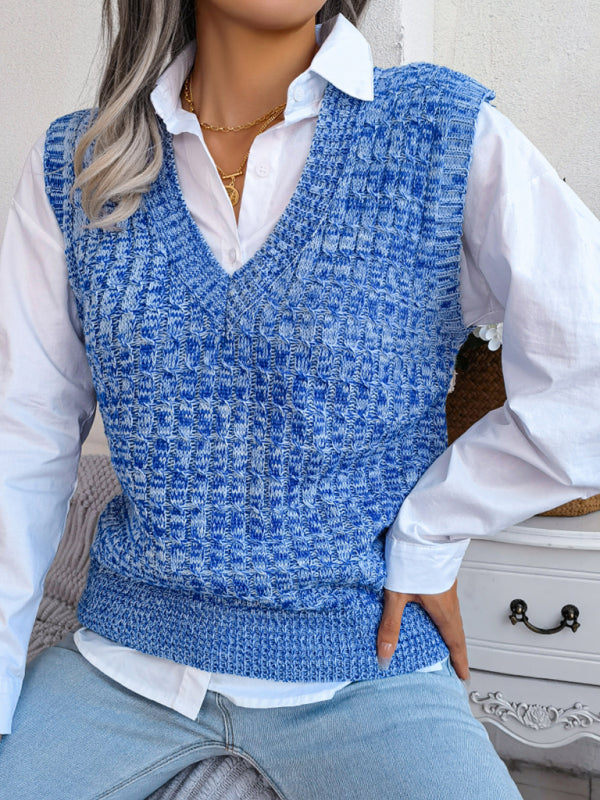 Knitted V Neck Sweater Vest - Knitwear Slipover Sweater Vests - Chuzko Women Clothing