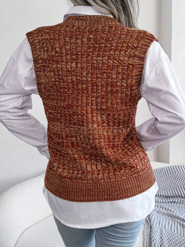 Knitted V Neck Sweater Vest - Knitwear Slipover Sweater Vests - Chuzko Women Clothing