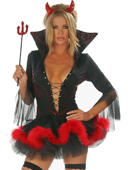Gothic Devil Costume: Cosplay Dress + Fork + Horns - Halloween Ready! Devil Costume - Chuzko Women Clothing