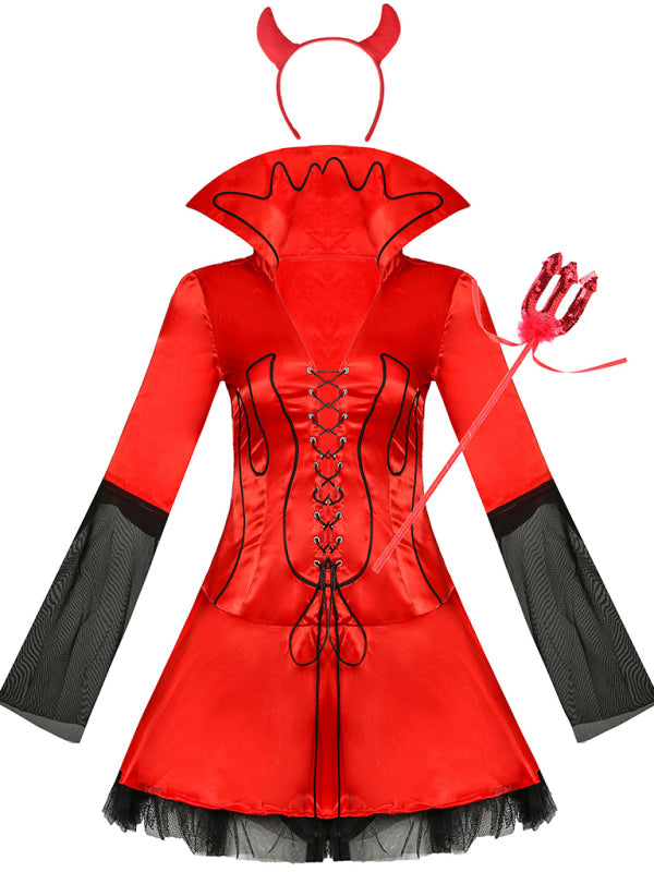 Gothic Devil Costume: Cosplay Dress + Fork + Horns - Halloween Ready! Devil Costume - Chuzko Women Clothing