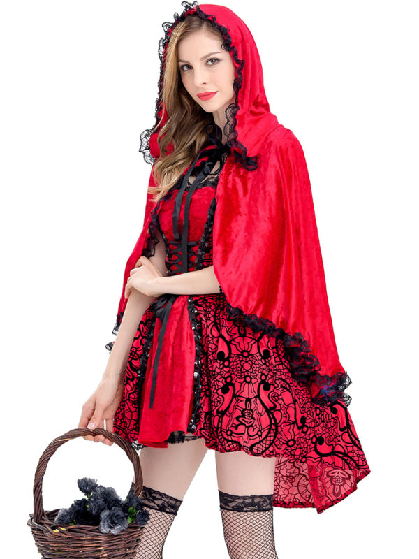 Red Riding Hood Cosplay Costume: Dress & Cape for Halloween Glamour Halloween Costume - Chuzko Women Clothing