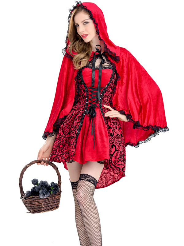 Red Riding Hood Cosplay Costume: Dress & Cape for Halloween Glamour Halloween Costume - Chuzko Women Clothing