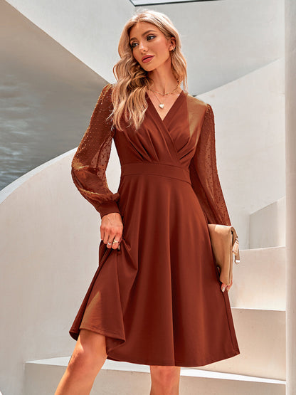 Elegant Solid Surplice V-Neck Long Sleeve Dress Cocktail Dresses - Chuzko Women Clothing