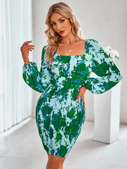 Floral Smocked Bodycon Dress with Balloon Sleeve & Bowknot Back Bodycon Dresses - Chuzko Women Clothing