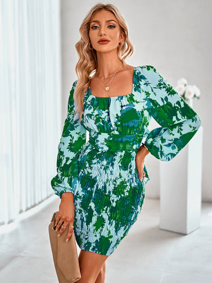 Floral Smocked Bodycon Dress with Balloon Sleeve & Bowknot Back Bodycon Dresses - Chuzko Women Clothing