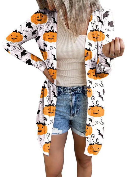 Cat Pumpkin Print Cardigan - Halloween Women Long Top Cardigans - Chuzko Women Clothing