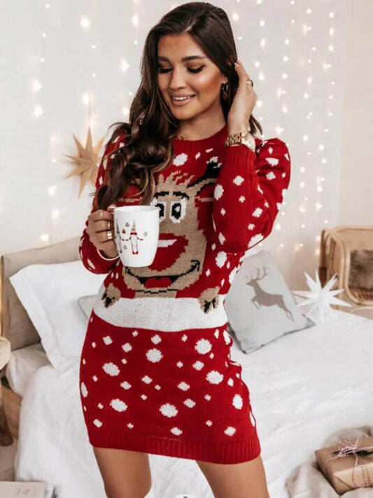 Christmas Fluffy Knit Reindeer Holidays Snowflake Sweater Dress Sweater Dresses - Chuzko Women Clothing