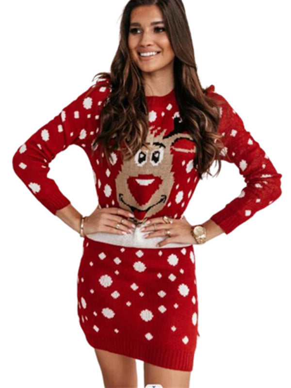 Christmas Fluffy Knit Reindeer Holidays Snowflake Sweater Dress Sweater Dresses - Chuzko Women Clothing