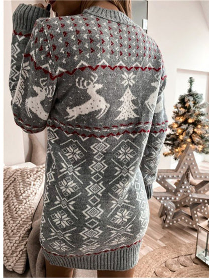 Christmas Snowflake Knit Cozy Elk Xmas Sweater Dress Sweater dresses - Chuzko Women Clothing