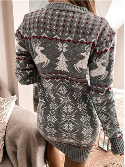 Christmas Snowflake Knit Cozy Elk Xmas Sweater Dress Sweater dresses - Chuzko Women Clothing