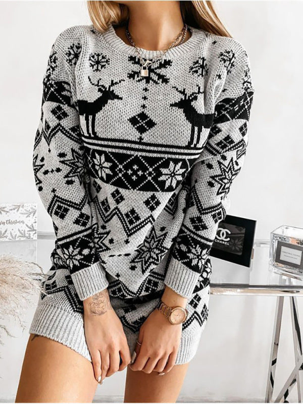 Christmas Knitting Cozy Elk Snowflake Sweater Xmas Dress Sweater Dresses - Chuzko Women Clothing