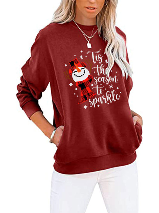 Christmas Pullover Snowman Xmas Cotton Sweatshirt with Pockets Sweaters - Chuzko Women Clothing