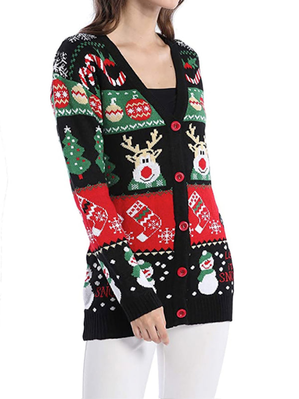 Christmas Snowman Jacquard Cardigan - The Reindeer Thanksgiving Jumper Xmas Cardigans - Chuzko Women Clothing