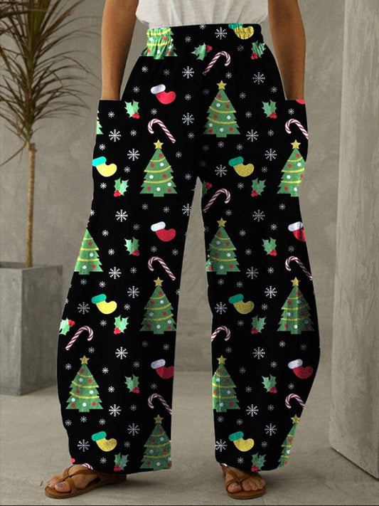 Christmas 3D Print Elastic Waist Wide-Leg Pants with Pockets Christmas Pants - Chuzko Women Clothing