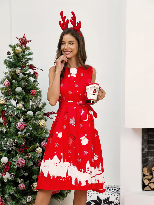Elegance Meets Festivity: Santa-Themed A-Line Tie-Waist Dress Xmas Dresses - Chuzko Women Clothing