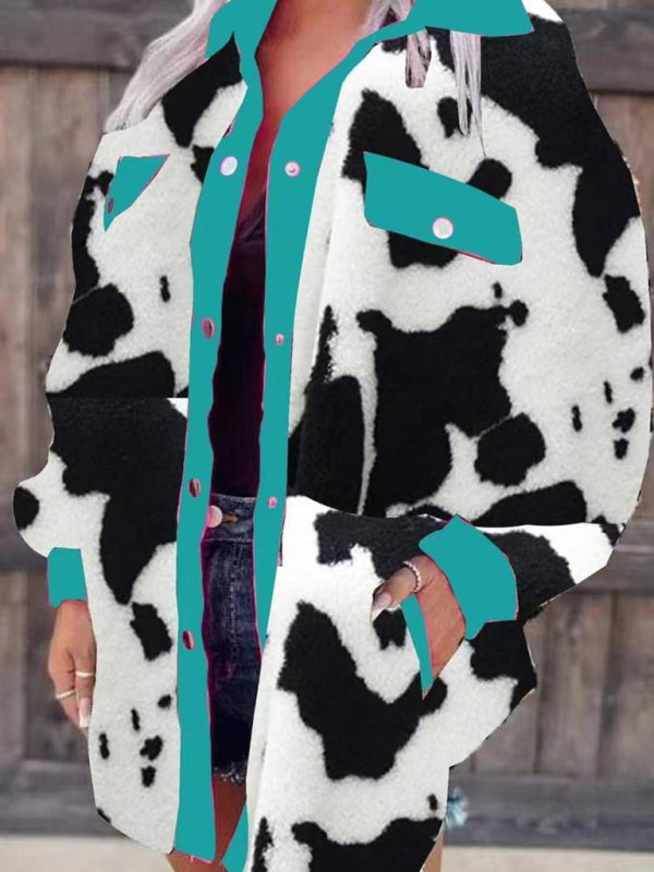 Plush Contrast Animal Print Button Jacket Jackets - Chuzko Women Clothing