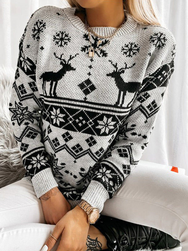 Christmas Knit Reindeer Snowflakes Mid-Length Sweater Christmas Sweaters - Chuzko Women Clothing
