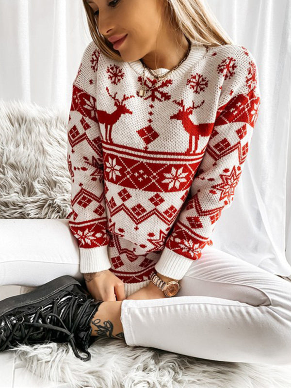 Christmas Knit Reindeer Snowflakes Mid-Length Sweater Christmas Sweaters - Chuzko Women Clothing
