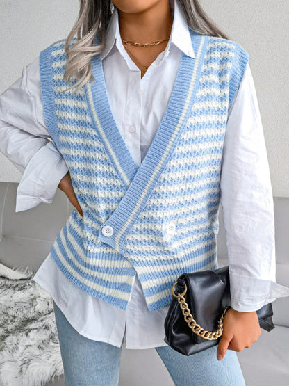 Knitted V Neck Sweate - Double-Breasted Vest Sweater Vests - Chuzko Women Clothing