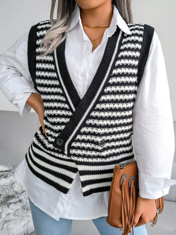 Knitted V Neck Sweate - Double-Breasted Vest Sweater Vests - Chuzko Women Clothing
