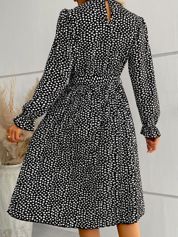 Dotty Autumn Long Sleeve Belted Dress Midi Dresses - Chuzko Women Clothing