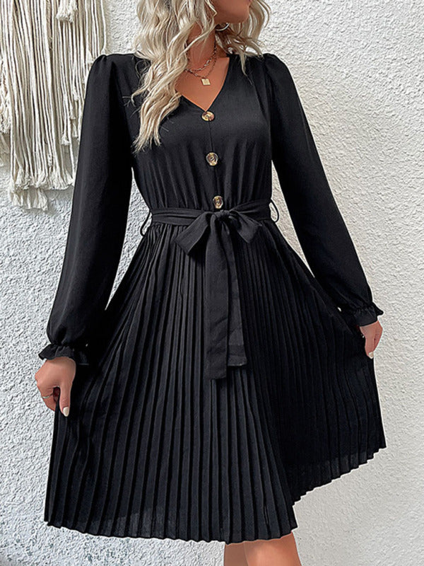 Solid Pleated Long Sleeve Belted Dress Pleated Dresses - Chuzko Women Clothing