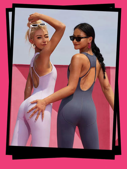 Solid Backless Racerback Jumpsuit Butt Lifting Unitard Tight Jumpsuits - Chuzko Women Clothing