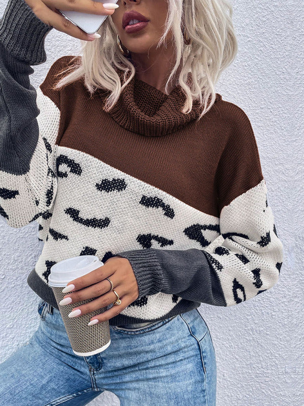 Leopard Knitted Cowl Neck Sweater Sweaters - Chuzko Women Clothing