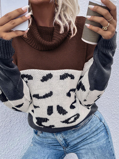 Leopard Knitted Cowl Neck Sweater Sweaters - Chuzko Women Clothing