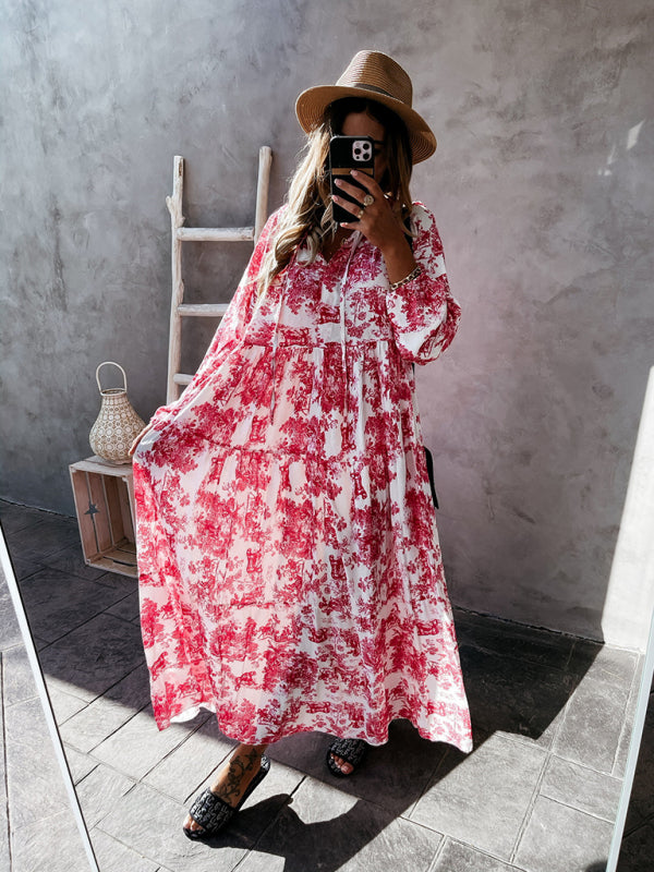 Floral Vacation Tiered Lantern Sleeve Maxi Dress Vacation Dresses - Chuzko Women Clothing