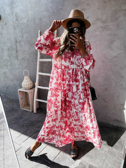 Floral Vacation Tiered Lantern Sleeve Maxi Dress Vacation Dresses - Chuzko Women Clothing