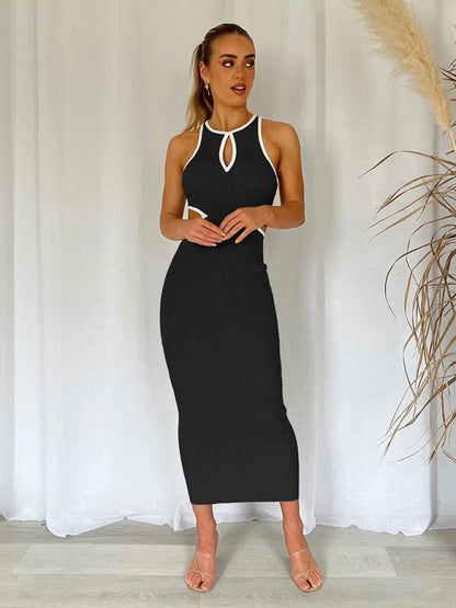 Sporty Ribbed Body-Hugging Bodycon with Cutouts & Contrast Trim Color Midi Dresses - Chuzko Women Clothing