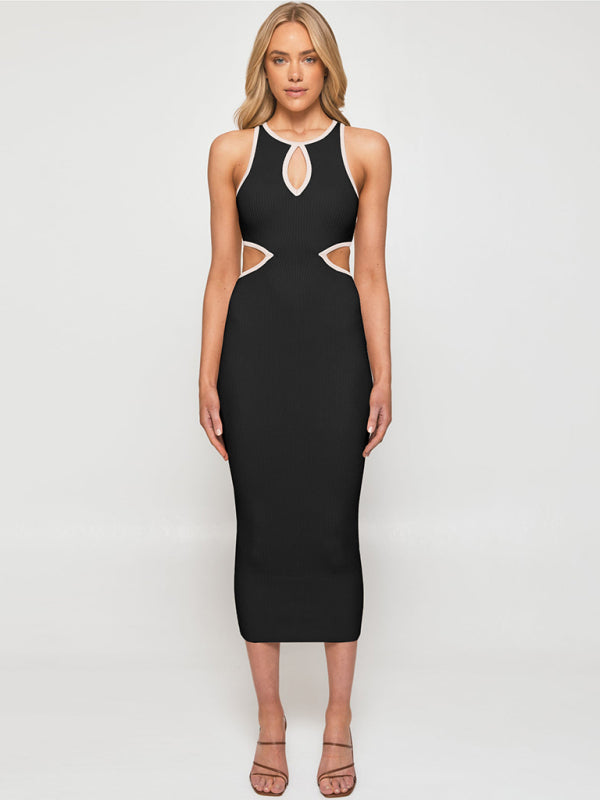 Sporty Ribbed Body-Hugging Bodycon with Cutouts & Contrast Trim Color Midi Dresses - Chuzko Women Clothing