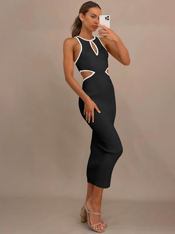 Sporty Ribbed Body-Hugging Bodycon with Cutouts & Contrast Trim Color Midi Dresses - Chuzko Women Clothing