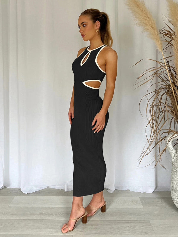 Sporty Ribbed Body-Hugging Bodycon with Cutouts & Contrast Trim Color Midi Dresses - Chuzko Women Clothing