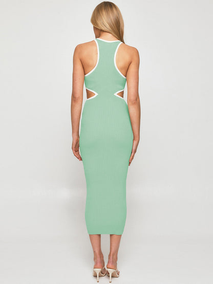 Sporty Ribbed Body-Hugging Bodycon with Cutouts & Contrast Trim Color Midi Dresses - Chuzko Women Clothing