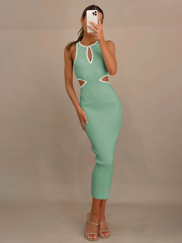 Sporty Ribbed Body-Hugging Bodycon with Cutouts & Contrast Trim Color Midi Dresses - Chuzko Women Clothing