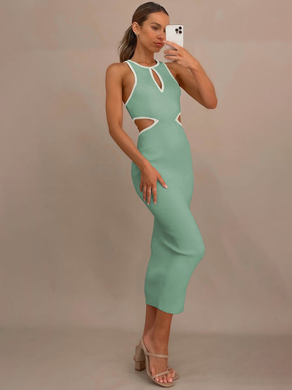 Sporty Ribbed Body-Hugging Bodycon with Cutouts & Contrast Trim Color Midi Dresses - Chuzko Women Clothing