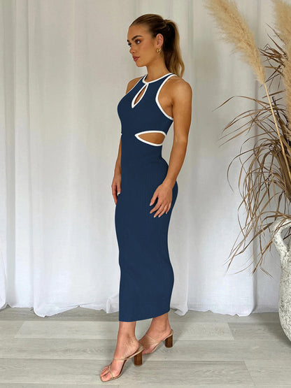 Sporty Ribbed Body-Hugging Bodycon with Cutouts & Contrast Trim Color Midi Dresses - Chuzko Women Clothing