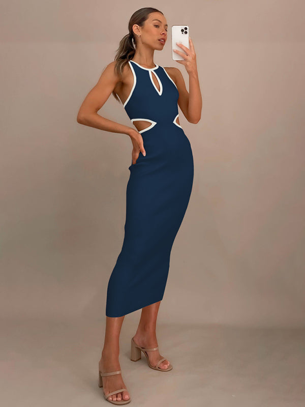 Sporty Ribbed Body-Hugging Bodycon with Cutouts & Contrast Trim Color Midi Dresses - Chuzko Women Clothing