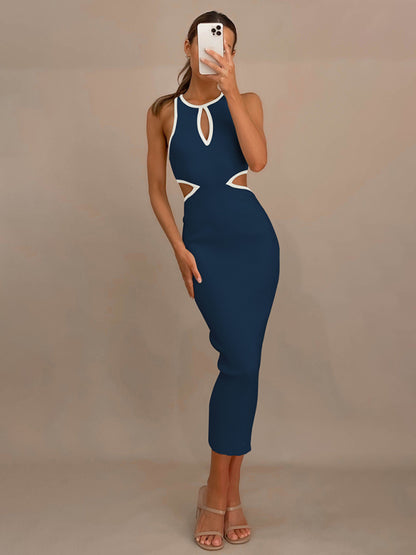 Sporty Ribbed Body-Hugging Bodycon with Cutouts & Contrast Trim Color Midi Dresses - Chuzko Women Clothing